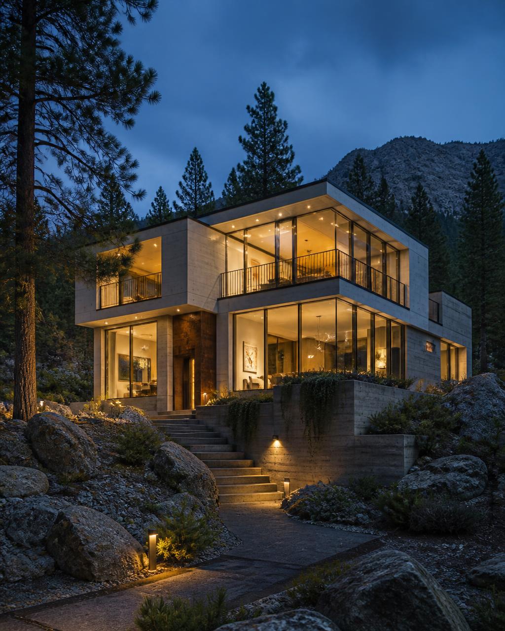Echo Canyon Retreat - a modern concrete and glass home surrounded by pine trees at dusk