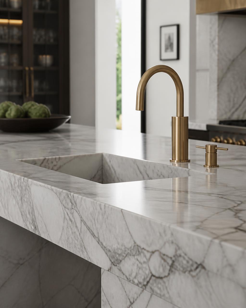 124 Mercer St. - a marble kitchen island with minimalist brass fixtures
